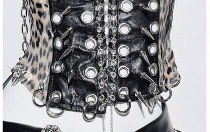 Black Halter Neck Leopard Pattern Stud Ring Corset Top