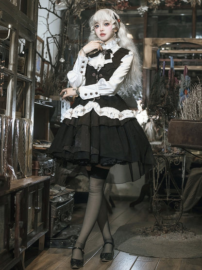 Gothic Ensemble: White & Black Lolita Shirt, Cross Charm Waistcoat, Spider Web Skirt - Unknown Star