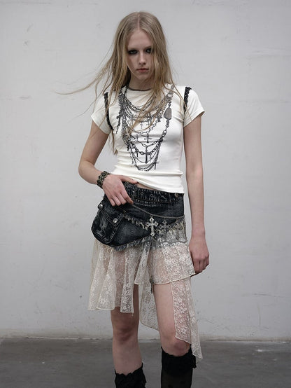 Punk Belt Distressed Adjustable with Hem Blue Denim Lace Asymmetric Skirt