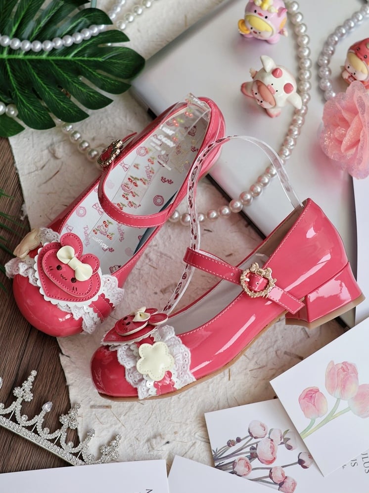 Peach Bunny-Inspired Red Lace Fastener Lolita PU Edging Janes Sweet in Low-heel Heart Mary