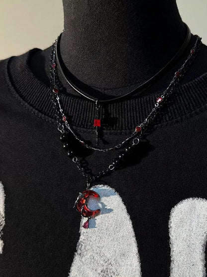 Beaded Layered Gothic Necklace with Red Moon - YSHXS