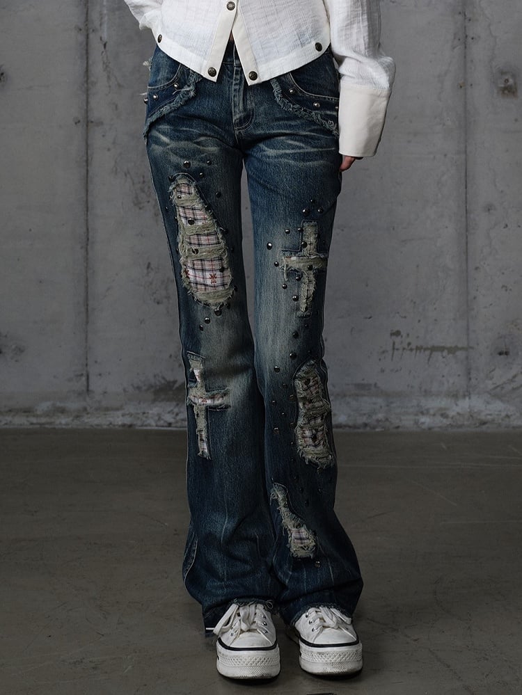 Jeans Light Studs Punk Patches Wash Blue Distressed with Plaid