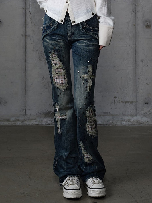 Jeans Light Studs Punk Patches Wash Blue Distressed with Plaid