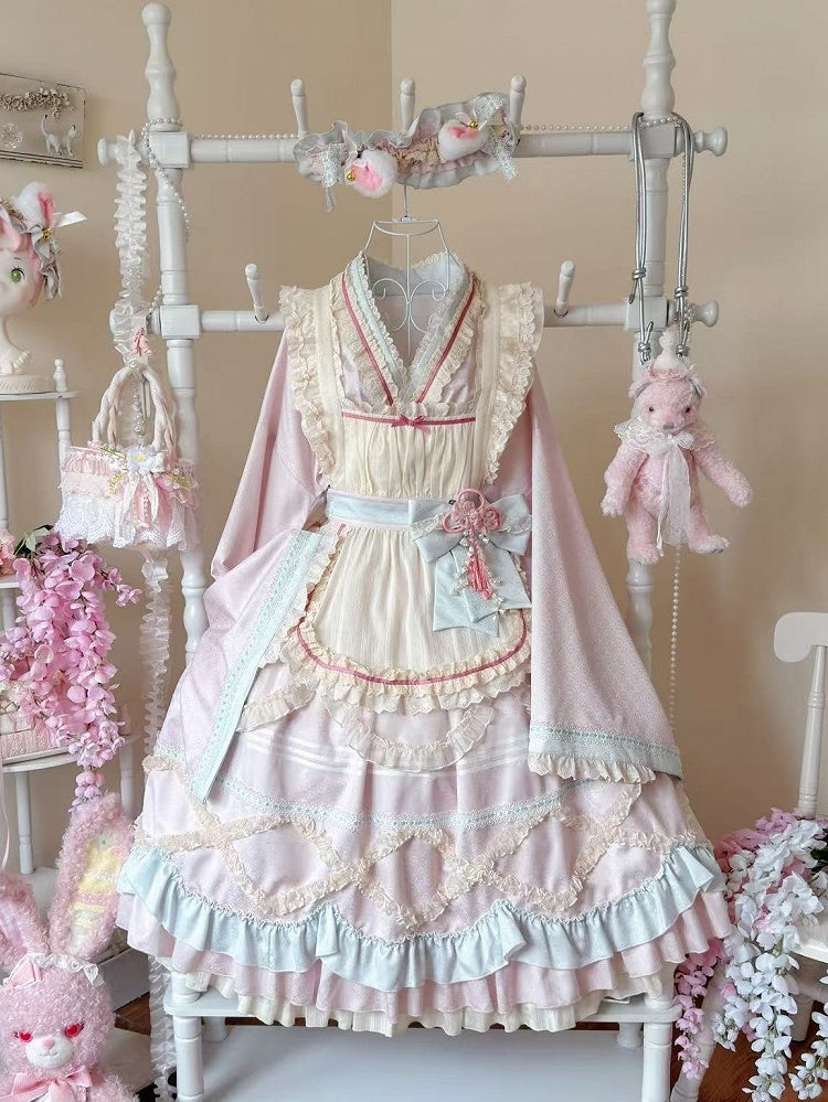 Hanfu-Inspired Lolita Top Set with Long Ruffle Skirt & Apron in Pink Blue - Berry Story Lolita