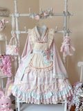 Hanfu-Inspired Lolita Top Set with Long Ruffle Skirt & Apron in Pink Blue - Berry Story Lolita