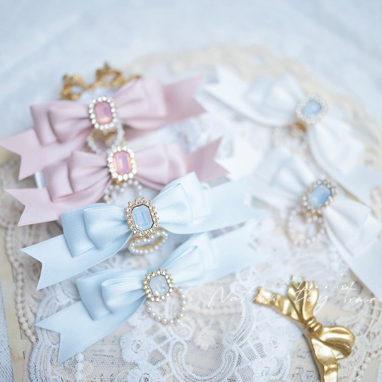 Pink/Light Blue/White Square Rhinestone Jirai Kei Bow Hairclips Dusty