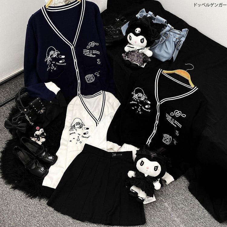 Marineblaue Strickjacke mit V-Ausschnitt und Grafik von Jirai Kei für Mädchen