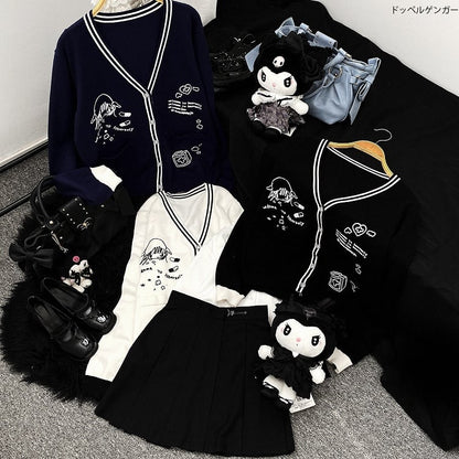 Marineblaue Strickjacke mit V-Ausschnitt und Grafik von Jirai Kei für Mädchen