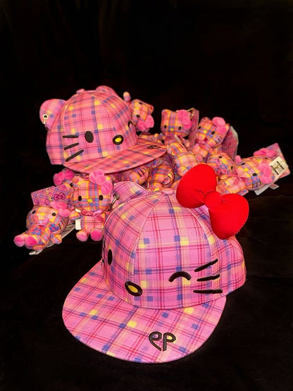 Pink Plaid Kitty Adjustable Baseball Cap with Detachable Bow