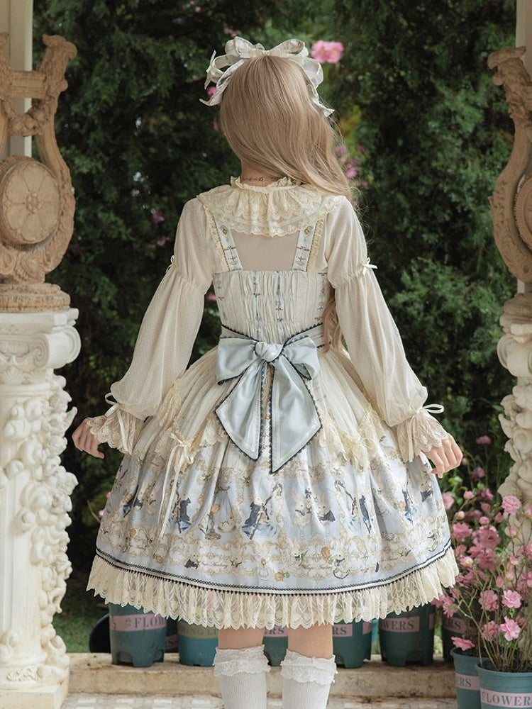 Azure Rabbit-Print Bow JSK with Lace Blouse - Stars Fall on the Foggy Island