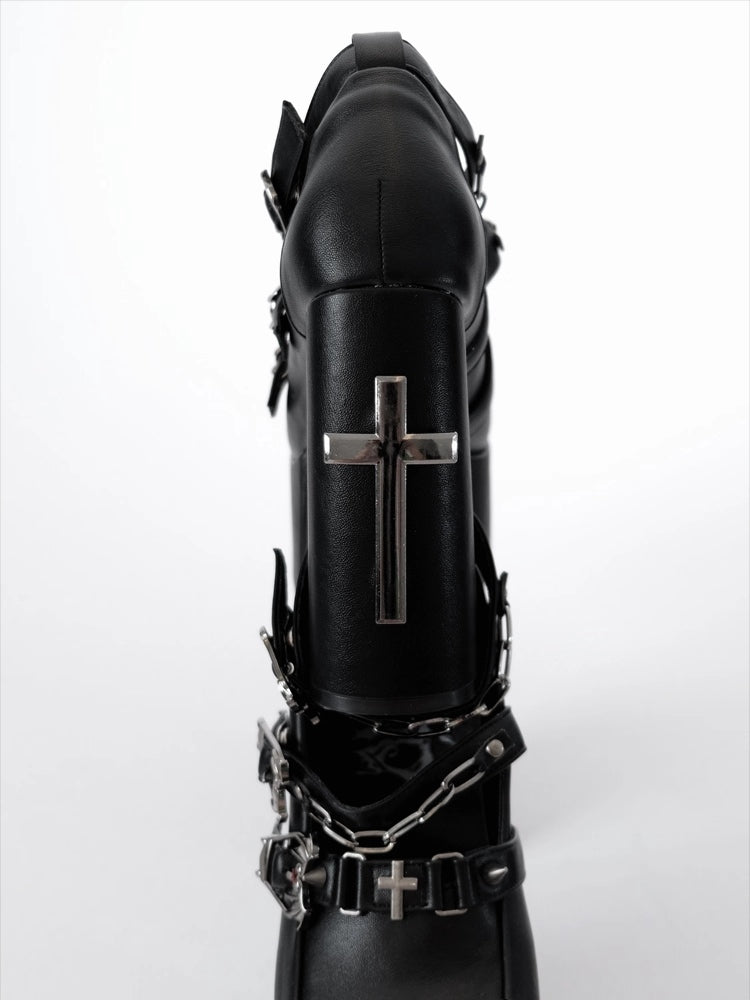 Toe Black Closure Mary Punk Heel with Ornate Coffin - Matte Square Bat Janes Motif Chunky Cross