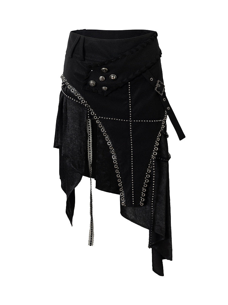 Skirt with Embellishments PU Handkerchief Hem Punk Gothic Metal Black
