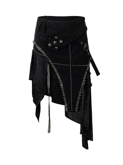 Skirt with Embellishments PU Handkerchief Hem Punk Gothic Metal Black