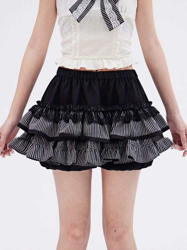 Slim-fitting Black Elastic Skirt Tiered Ruffles Glamorous Waist