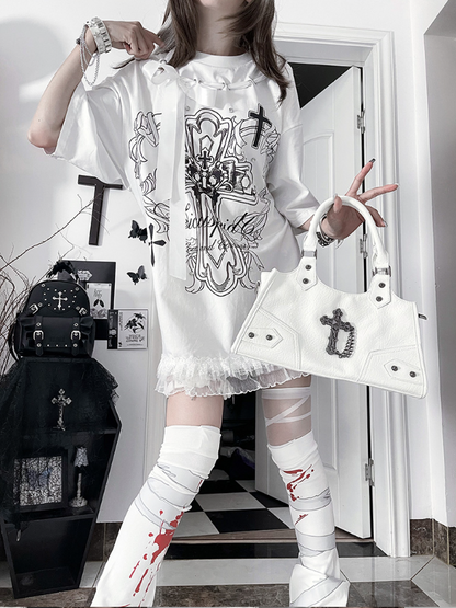 Black Bow Cotton PrintRibbon Cross T-Shirtwith Gothic White Neckline