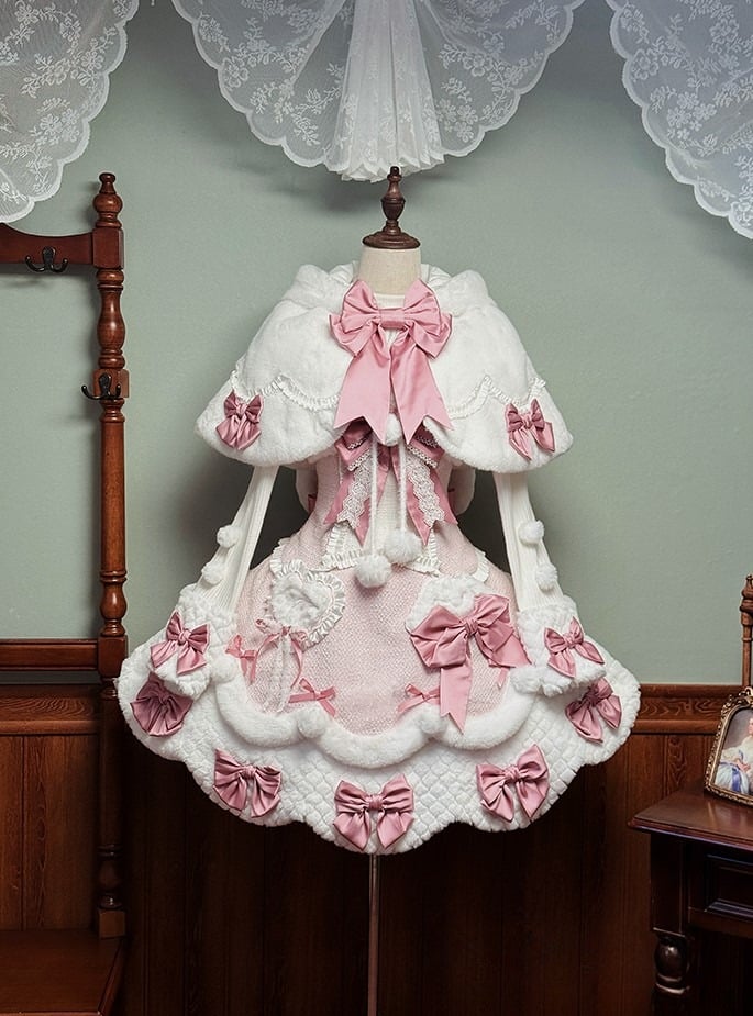 Pink White Cape Pom-poms with Hooded Lolita Bunny Bows and Ears