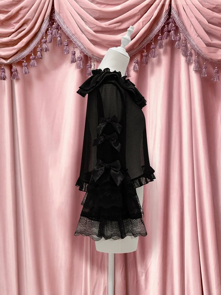 with Black Accents Lace Lolita Bow Bell Sleeves Blouse