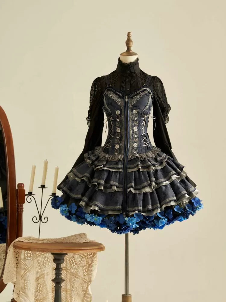 花柄ペチコート 35cm/45cm丈 ブラックブルー ハーベストスプリング