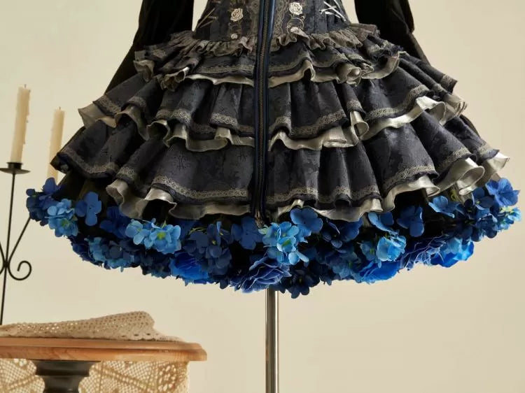 花柄ペチコート 35cm/45cm丈 ブラックブルー ハーベストスプリング