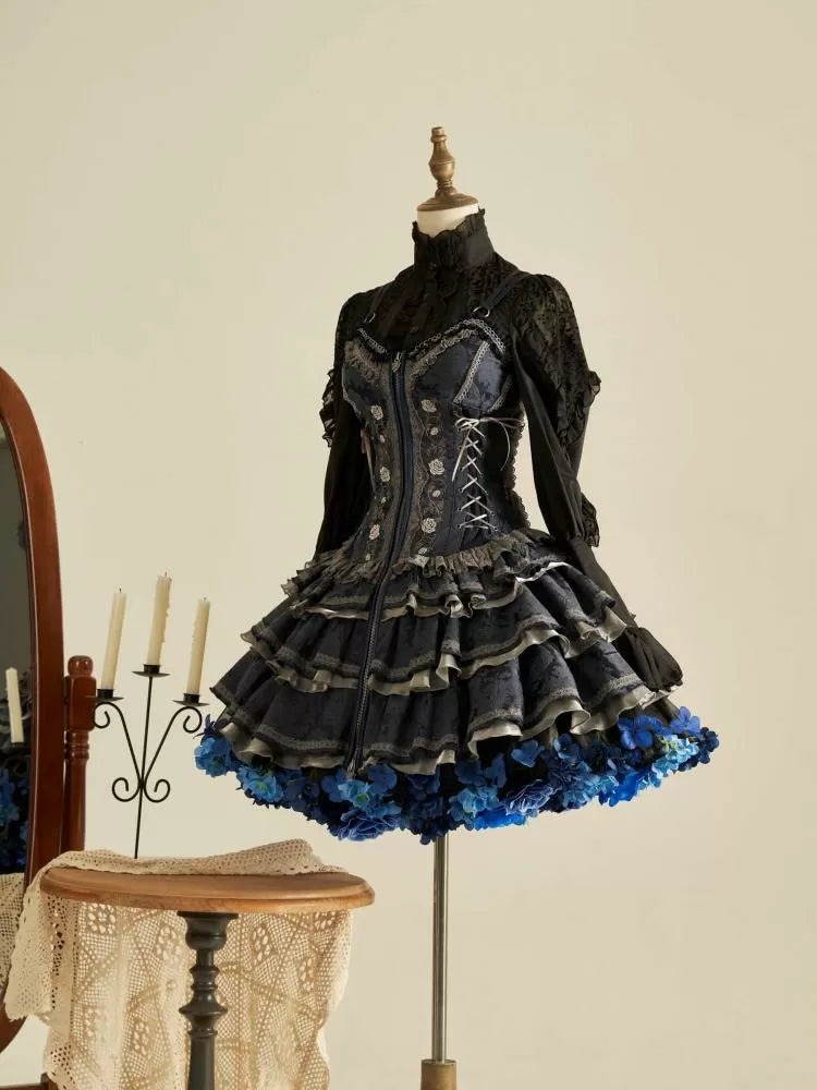 花柄ペチコート 35cm/45cm丈 ブラックブルー ハーベストスプリング