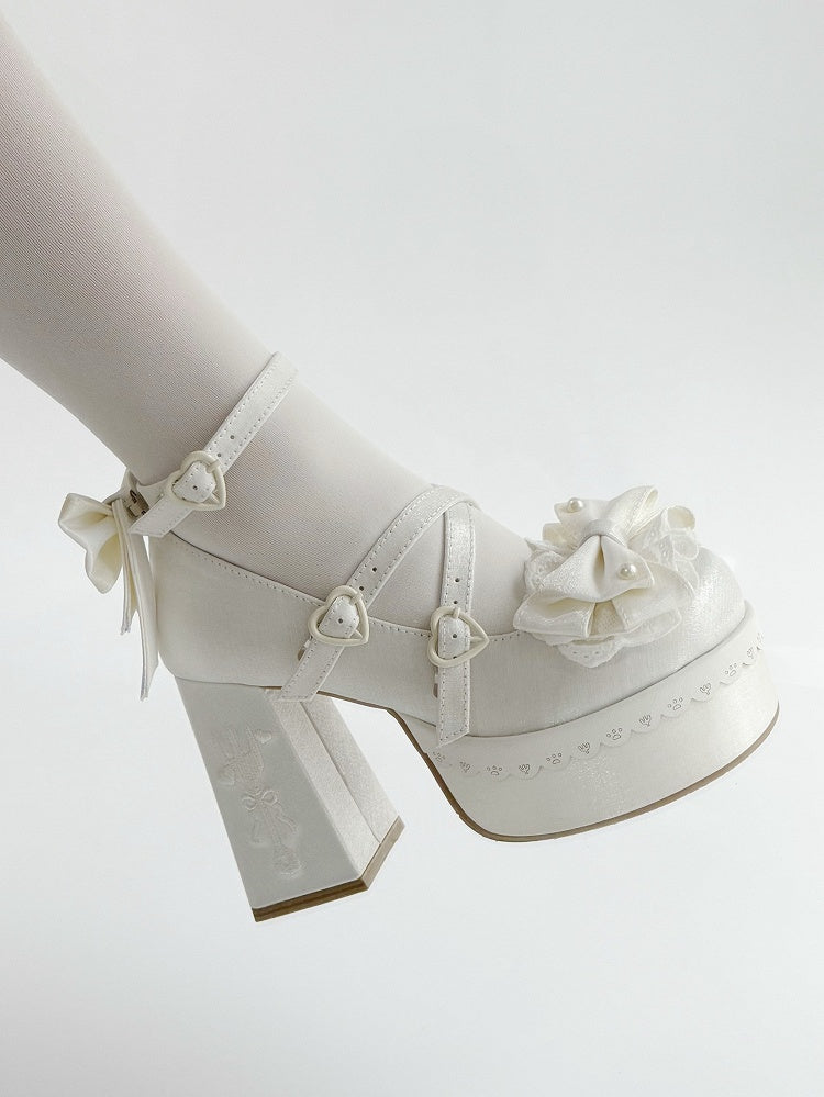 White Lolita Lace Bowknot Fork Embroidery Platform Block High Heels