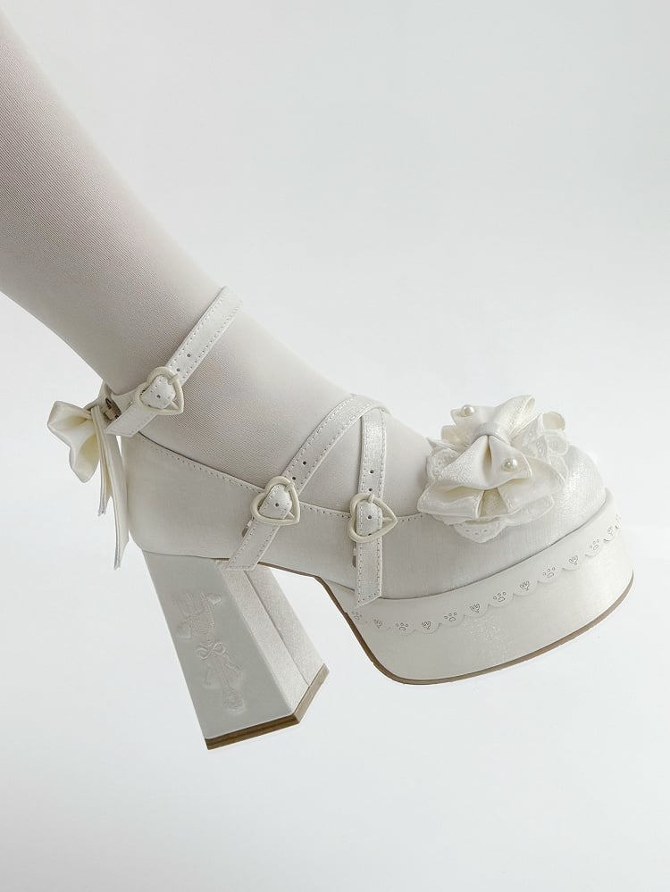 Embroidery Block White Bowknot Lace Heels Lolita Platform High Fork