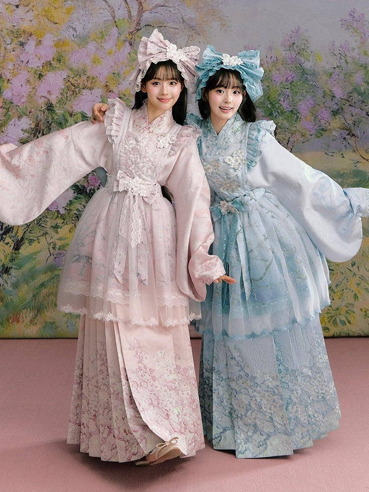 Pink Long Mamian Skirt with Floral Pattern Details - Yimu Walnut