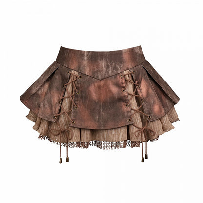 Brown Lace-Up Denim Skirt with Pleats and Shorts - Virtual Orbit