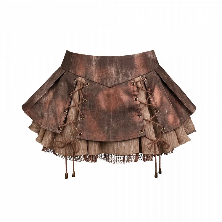 Brown Lace-Up Pleated Denim Skirt with Shorts - Virtual Orbit