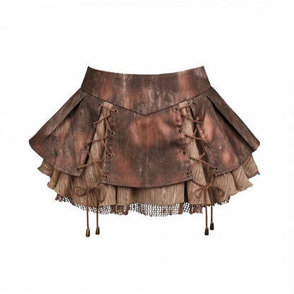 Brown Lace-Up Pleated Denim Skirt with Shorts - Virtual Orbit