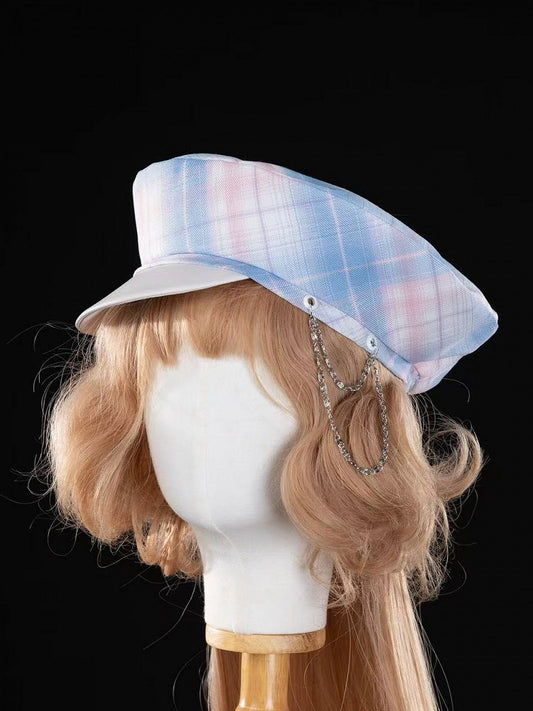 Pattern Beret Gold Blue / Plaid Pink