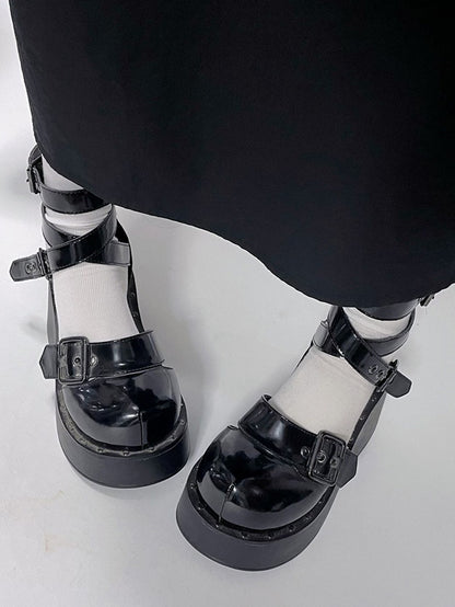 Punk Black Platform Crisscross Shoes Details Design with Studs
