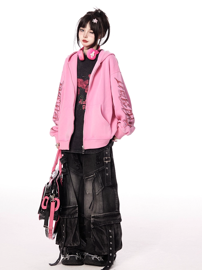 Rosa Brief Drucken Ärmel Zip-up Hoodie Herbst für