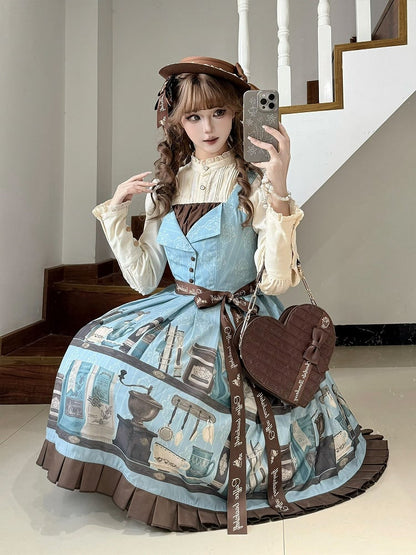 Blue Brown Coffee Cup Bookshelf Print Elegant JSK Dress Ruffled Hem - Dream Whale