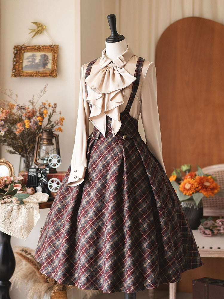 Shirt Satin Elegant Tie Sleeves with Jabot Apricot Fitted Long