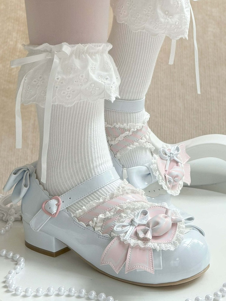 - Low Heels Pink mit Clip Style Lolita Sweet A Candy-Decorated Heart Shoe Bow Blue
