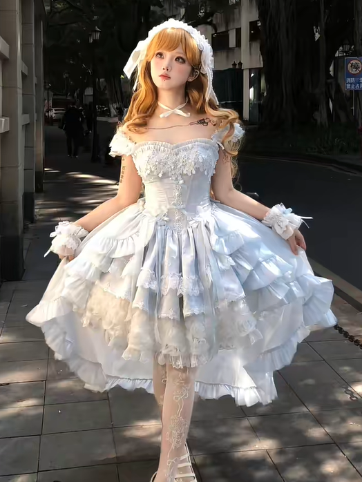 Hime Basque Flower Lace Layered Fluffy Lolita Dress Blooming with Blue Accents Waist | Sheer Ocean