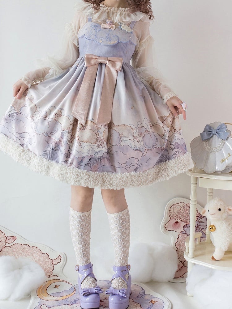 Purple and Print Cloud Dress Plush Sweet JSK with Sheep Lolita Hem
