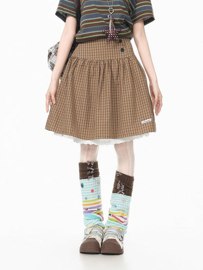 Coffee Plaid Skirt with Lace Accents