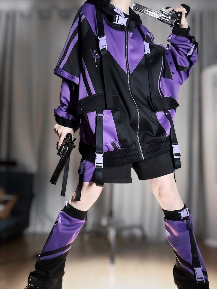 Tech Purple Colorblock Design with Decorative Snaps Landmine Style Baggy Jacket Black and
