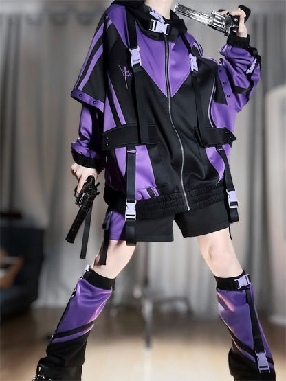 Tech Purple Colorblock Design with Decorative Snaps Landmine Style Baggy Jacket Black and