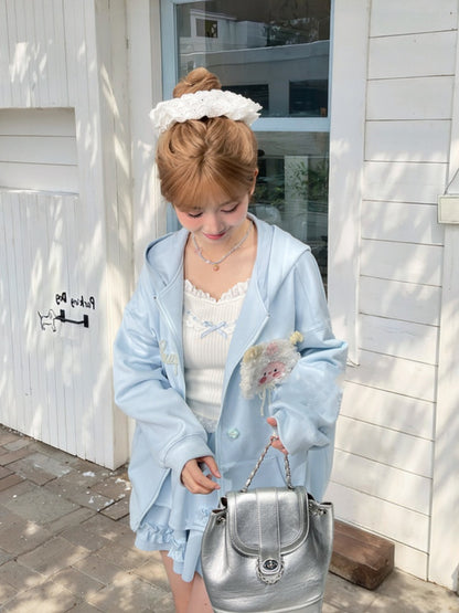 Yume Kawaii Blue Plush Lamb Knitted Floral Zip Closure Hoodie