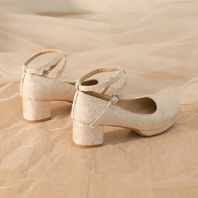 Qi Lolita Mid-Heel Crisscross Floral Beige Mart Design Pattern Janes - Satin