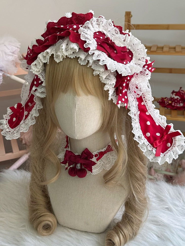 Red Polka-dot Heart-Shaped Trim Lace Hairclip/Brooch Bow