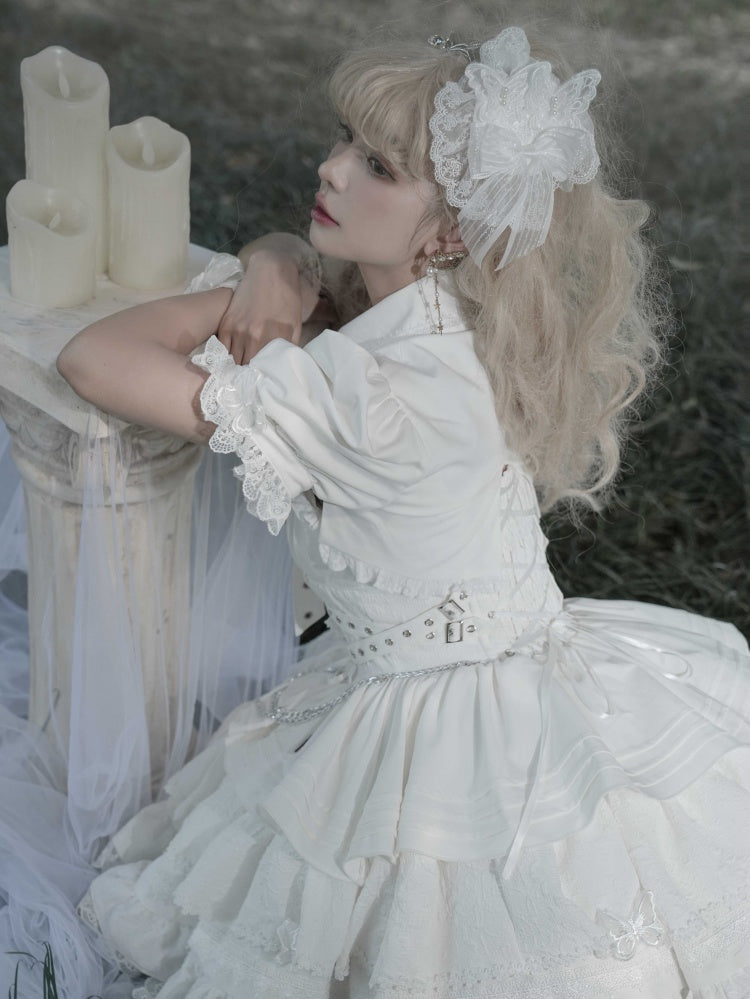 ホワイトゴスショートジャンパースカート 調節可能なクロスストラップウエスト