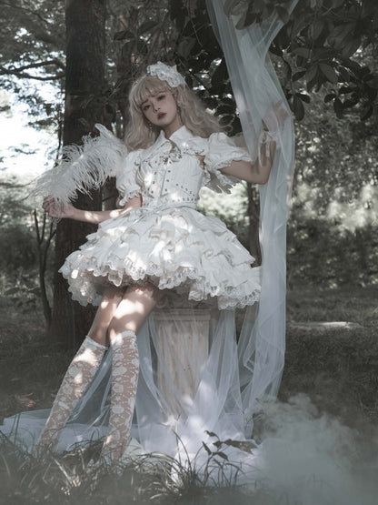 ホワイトゴスショートジャンパースカート 調節可能なクロスストラップウエスト