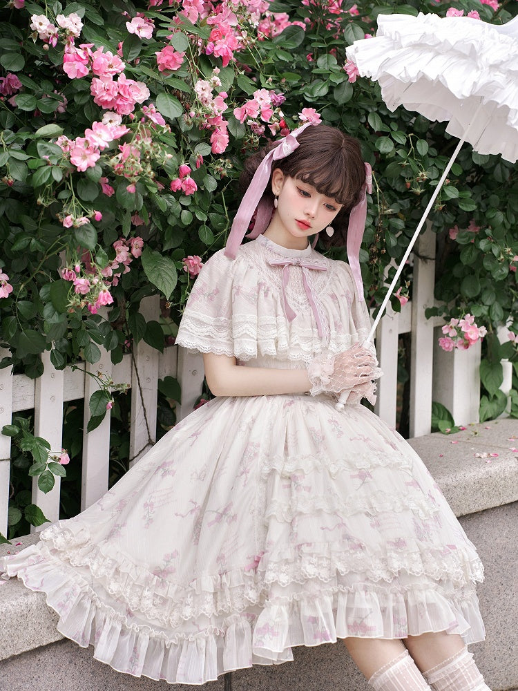 Elegant Dress Bluebell Neck Edward Beige Print Classic Floral Lolita