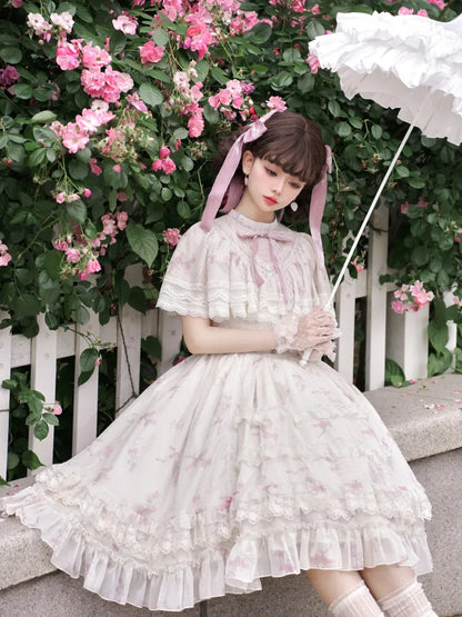 Kleid Lolita Klassisch Elegant Beige Glockenblumenhals Blumen Edward Print