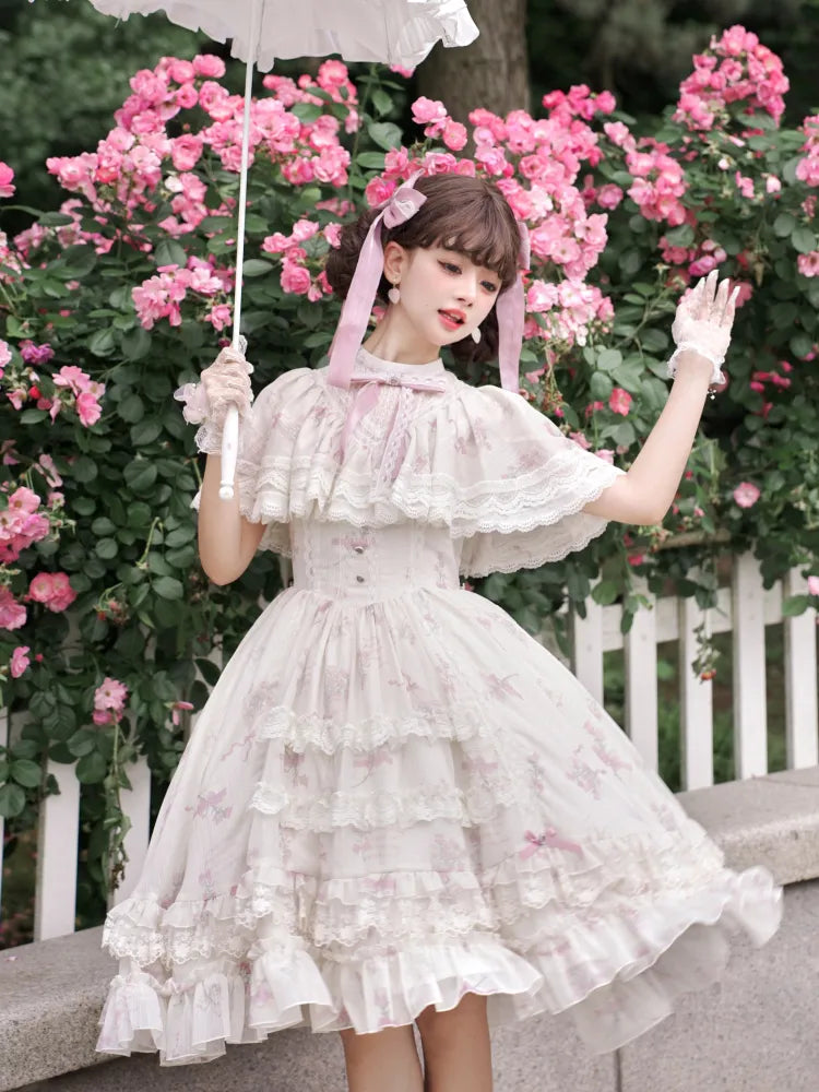 Kleid Lolita Klassisch Elegant Beige Glockenblumenhals Blumen Edward Print