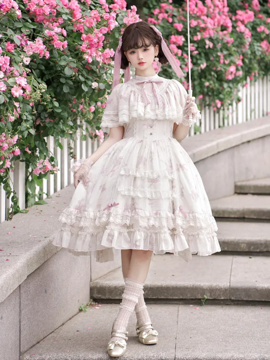 Kleid Lolita Klassisch Elegant Beige Glockenblumenhals Blumen Edward Print